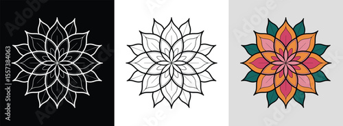 Abstract botanical mandala featuring geometric leaf motifs and bold color blocking for vibrant decor.