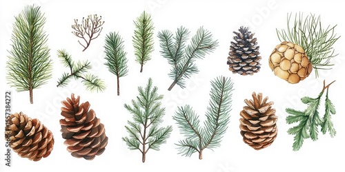 Watercolor illustrations of pine branches and cones