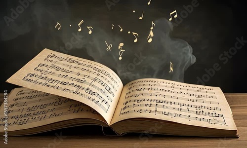 Open Antique Book with Musical Notes Floating Above Wooden Surface and Dark Background