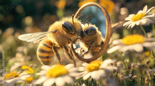 Hyperealistic unreal engine, adorable anthropomorphic bee looking in a mirror in a garden on white background -