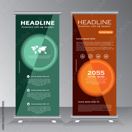 Corporate business roll up banner design template, abstract banner layout, Vertical banner design, pull up, standee, retractable advertising promotion display, x banner with blue and orange