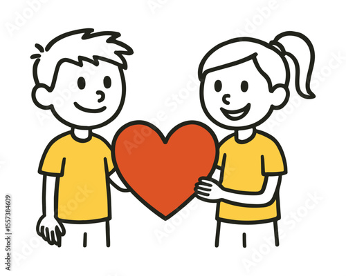 Line Drawing of Smiling Boy and Girl with Large Red Heart. Cute Kids, Valentine Concept, Simple Hand-Drawn Love Vector Illustration