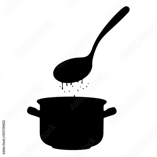 Silhouette of soup ladle over pot, black and white cooking concept
