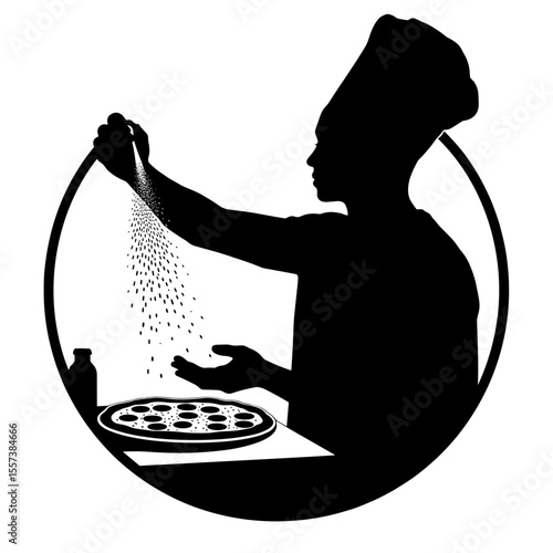 Silhouette person sprinkling cheese over pizza, culinary arts black and white