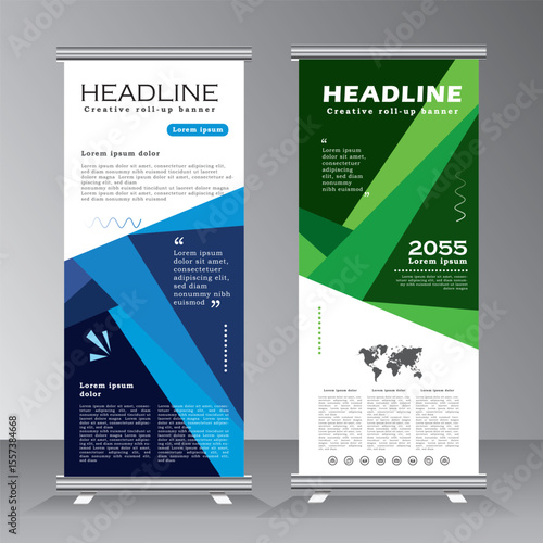 roll up banner stand design with abstract geometric colorful. green and blue standee design, vertical banner, x standee banner template. pull up banner, presentation and brochure flyer. vector,