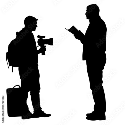 Silhouette of director holding script beside cameraman, filmmaking collaboration