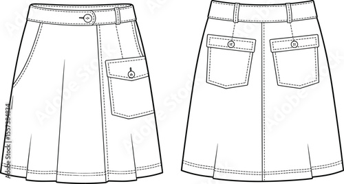 CAD drawing flat vector illustration of pleated skirt, front and back views, flap pockets, button closure, waistband detail, fashion sketch template, stylish garment layout, sewing pattern design