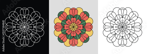 Carnation petal mandala with intricate layers and bright geometric fills for vibrant decor.