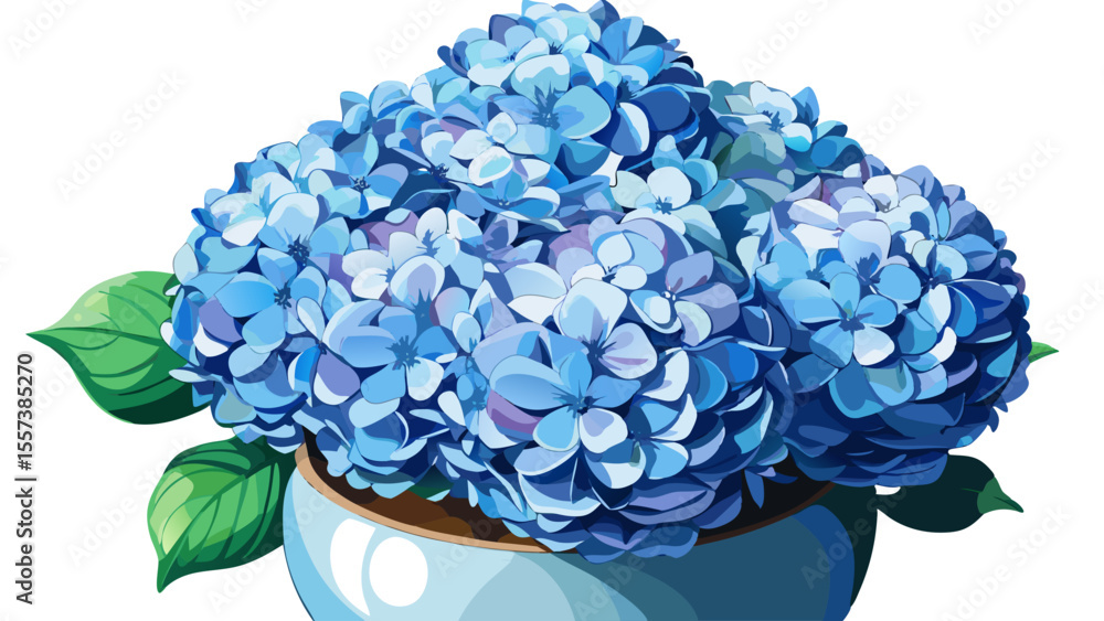 Obraz premium Close-up of pale blue hydrangea blossoms in a round pot, clusters of small flowers form a soft sphere, each petal catching light subtly, elegant freshness on a clean white backdrop.