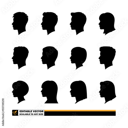 Fifteen black silhouette profiles of people with various hairstyles on a white background in a pattern

