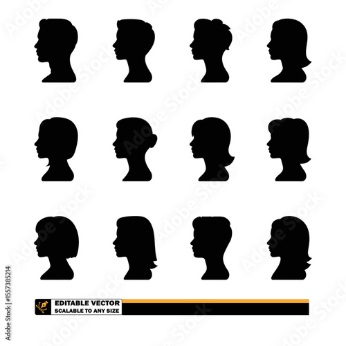 Fifteen black silhouette profiles of people with various hairstyles on a white background in a pattern
