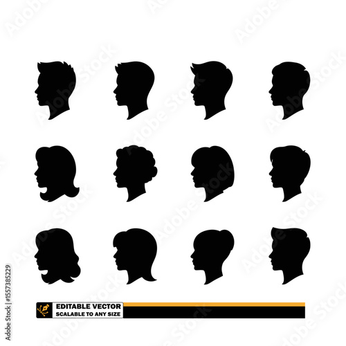 Fifteen black silhouette profiles of people with various hairstyles on a white background in a pattern
