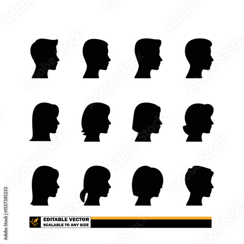 Fifteen black silhouette profiles of people with various hairstyles on a white background in a pattern
