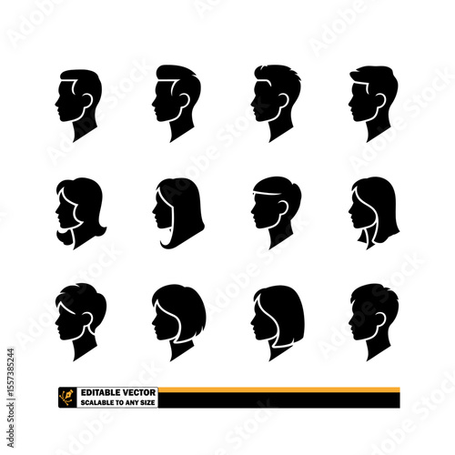 Fifteen black silhouette profiles of people with various hairstyles on a white background in a pattern
