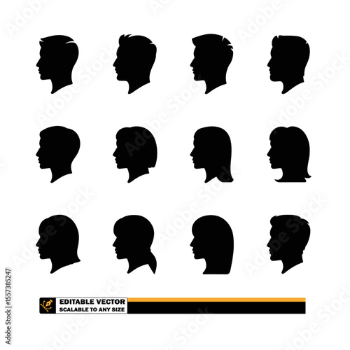 Fifteen black silhouette profiles of people with various hairstyles on a white background in a pattern
