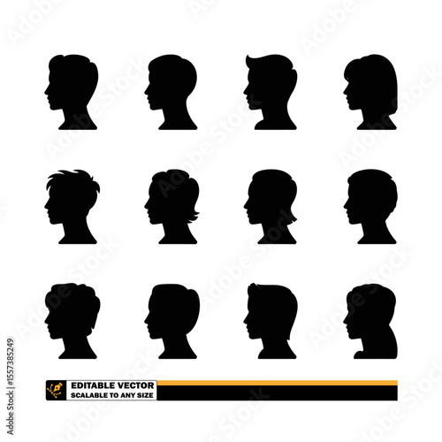 Fifteen black silhouette profiles of people with various hairstyles on a white background in a pattern
