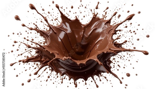 Isolated splash of dark chocolate on a white background, highlighting the glossy texture and vibrant color contrast.