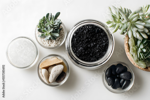 Overhead View of Succulents and Stones Arrangement in Glass Bowls on White Background