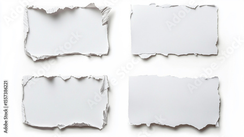 Torn Paper Edges, Collection of Four Rectangular Frames, White Background