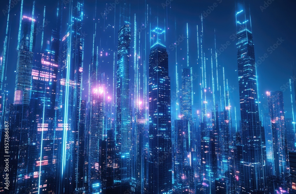 Futuristic city skyline at night, illuminated by glowing lines Futuristic city skyline at night, illuminated by glowing lines