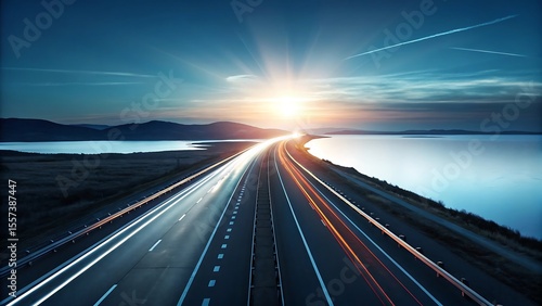 Night highway traffic blurs with streaks of car lights, evoking fast travel on an asphalt motorway