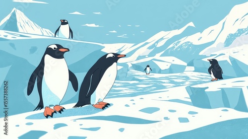 A penguin slides on the Antarctic ice sheet. Other penguins and icebergs are around