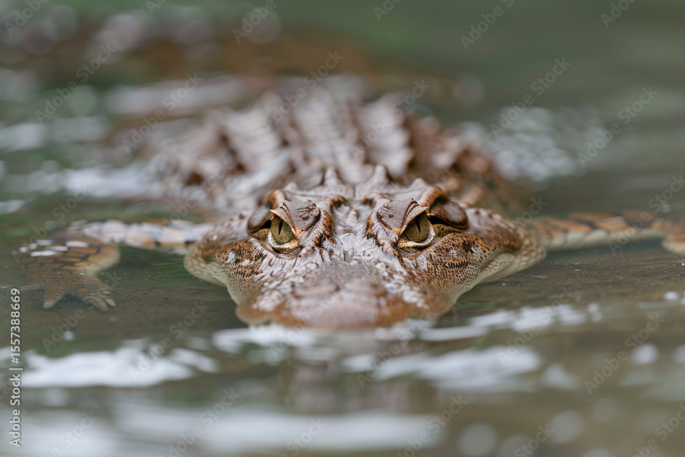 Obraz premium Close-up of a crocodile lurking in the water, showcasing its textured skin and piercing eyes.