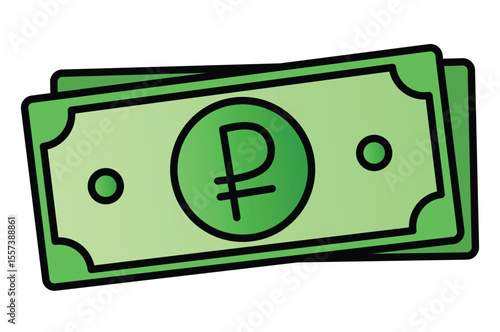 Flat Vector Russian Ruble Banknote Icon with Black Outline, Green Currency Symbol Graphic