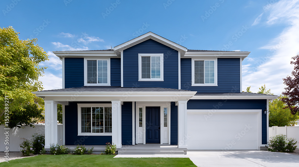 Modern farmhouse exterior luxury home with blue sky. New upscale residential building with front yard grass. Sunny bright day. Real estate property construction remodel renovation design. Modern farmhouse exterior luxury home with blue sky. New upscale residential building with front yard grass. Sunny bright day. Real estate property construction remodel renovation design.