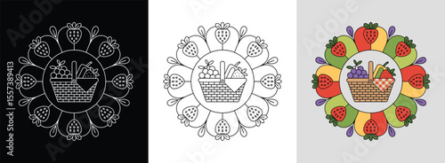 Picnic day mandala with fruits, baskets, and bright summer colors for cheerful decor.