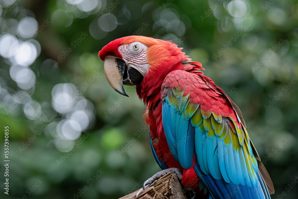 Obraz premium A vibrant scarlet macaw perched elegantly with dazzling red and blue feathers.