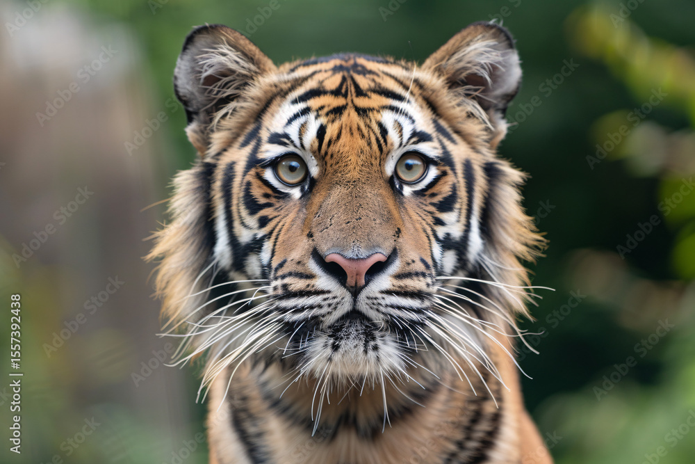 Fototapeta premium Close-up of a majestic Bengal tiger staring intently, showcasing its striking fur patterns and piercing eyes.