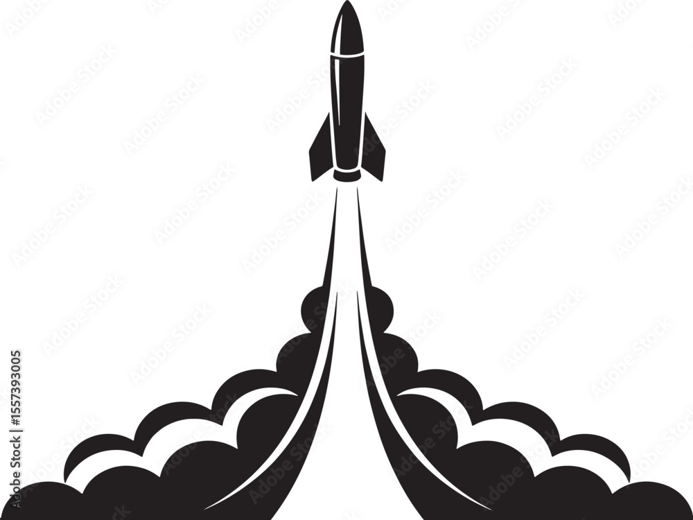 Fototapeta premium Black Silhouette Rocket Launching Through Clouds Vector Illustration