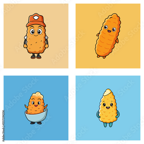 Collage of cartoon chicken nuggets with different expressions and accessories on various backgrounds