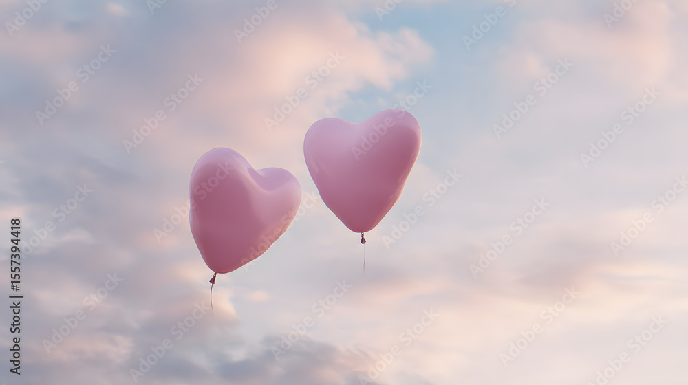 Obraz premium Two heart balloons in pastel sky, love in the air