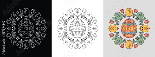 Easter egg mandala with spring motifs and bright pastel colors for festive seasonal decor.