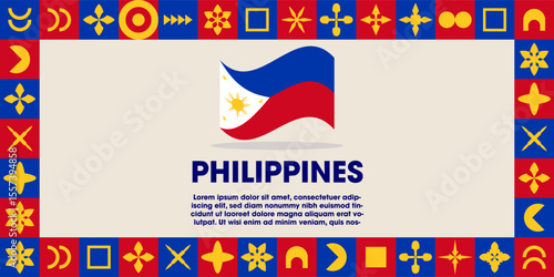 Philippines Flag Design banner with cultural design. Independence day design for Philippines celebration. Modern neo geometric retro design with flag, showcasing national pride and heritage.