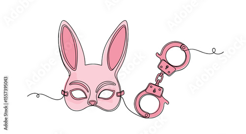 Bunny Mask with Ears and Handcuffs — Fetish BDSM Costume Illustration — One Line Doodle Drawing with Watercolor Fill — Erotic Vector Art for Adult Branding, Cosplay Packaging and 18+.