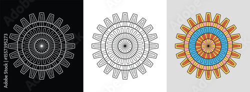 Gear-inspired mandala with straight lines and vibrant industrial colors for bold decor.
