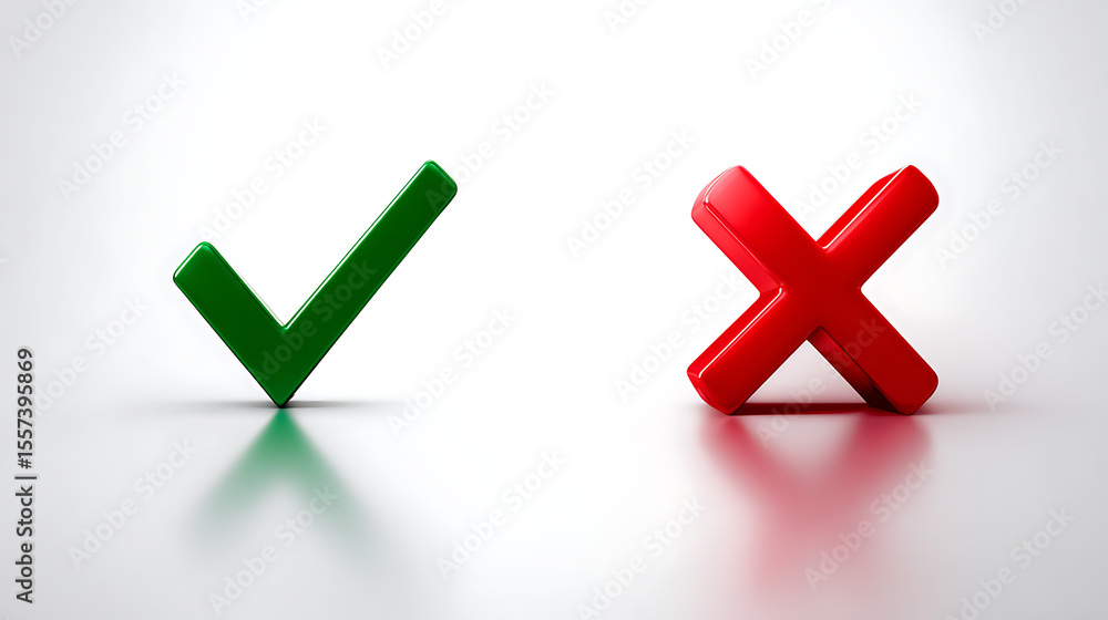 Illustration of green check mark, red cross symbols on white background. Positive, negative signs for web, app, interface, design. Check mark means yes, approval, correct choice. Cross mark means no, Illustration of green check mark, red cross symbols on white background. Positive, negative signs for web, app, interface, design. Check mark means yes, approval, correct choice. Cross mark means no,