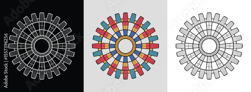 Industrial gear mandala with angular symmetry and vivid geometric sections for bold decor.