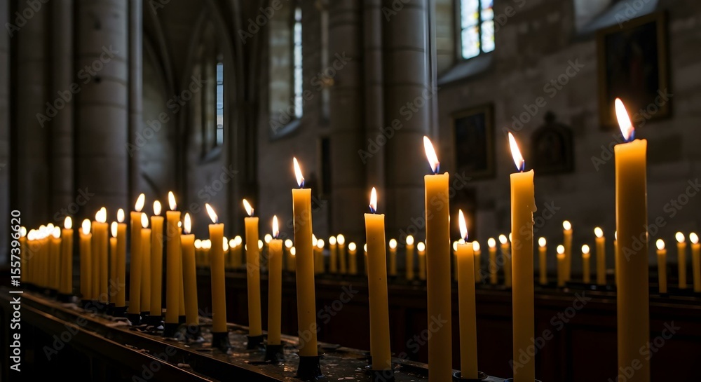Warm glow of candlelight in a historic church, Row of lit candles creating a peaceful ambiance in a religious setting Warm glow of candlelight in a historic church, Row of lit candles creating a peaceful ambiance in a religious setting
