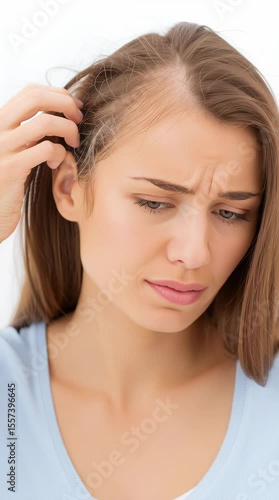 Wallpaper Mural A woman in a light blue shirt looks concerned while touching her hair. Concept: hair loss, worry, beauty Torontodigital.ca