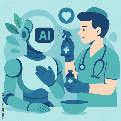 Modern Flat Design Robot Being Sprayed By Doctor Medical Illustration