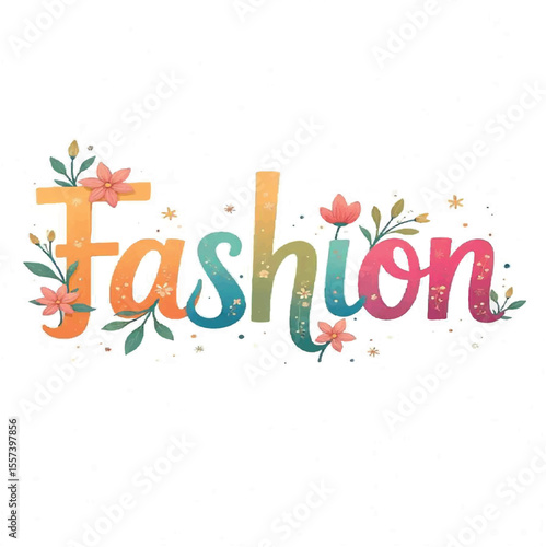Vector graphic of the text "Fashion" in a hand-drawn, whimsical style, bright primary colors, playful elements, white background, twilight light, with a neon glow effect framing the text