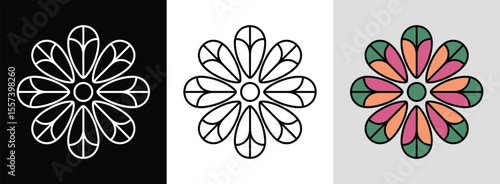 Modern geometric mandala with symmetrical petals and bright hues for vibrant decor.