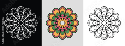 Multilayered floral mandala with delicate petals and bold chromatic highlights for decor.