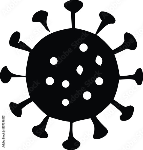 A simple black silhouette of a virus particle with a spherical body and spike like projections representing a microscopic infectious agent