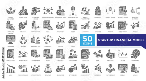 Startup financial model solid icon set collection. This set includes angel investor, market penetration, profit share, acquisition and more icons in solid style. Icons collection for infographics