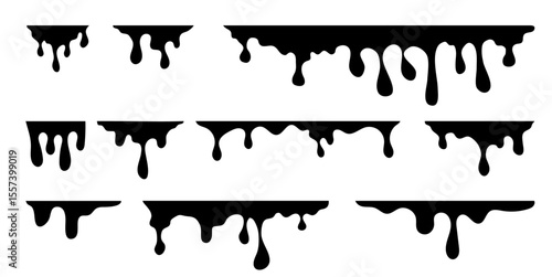 Black melt drips, liquid paint drops isolated on transparent background. Dripped caramel or chocolate sauce. Graffiti splatter splashes. Honey leak borders vector set.